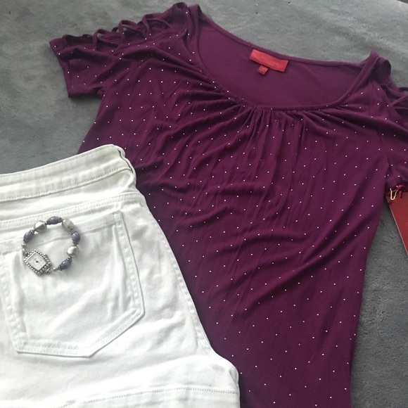 NWT Womens Purple Jennifer Lopez Cold Shoulder Tee - Picture 2 of 7